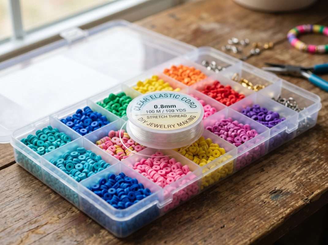 A neatly organized bracelet making kit compartment tray featuring colorful clay beads and a spool of 0.8mm elastic cord.