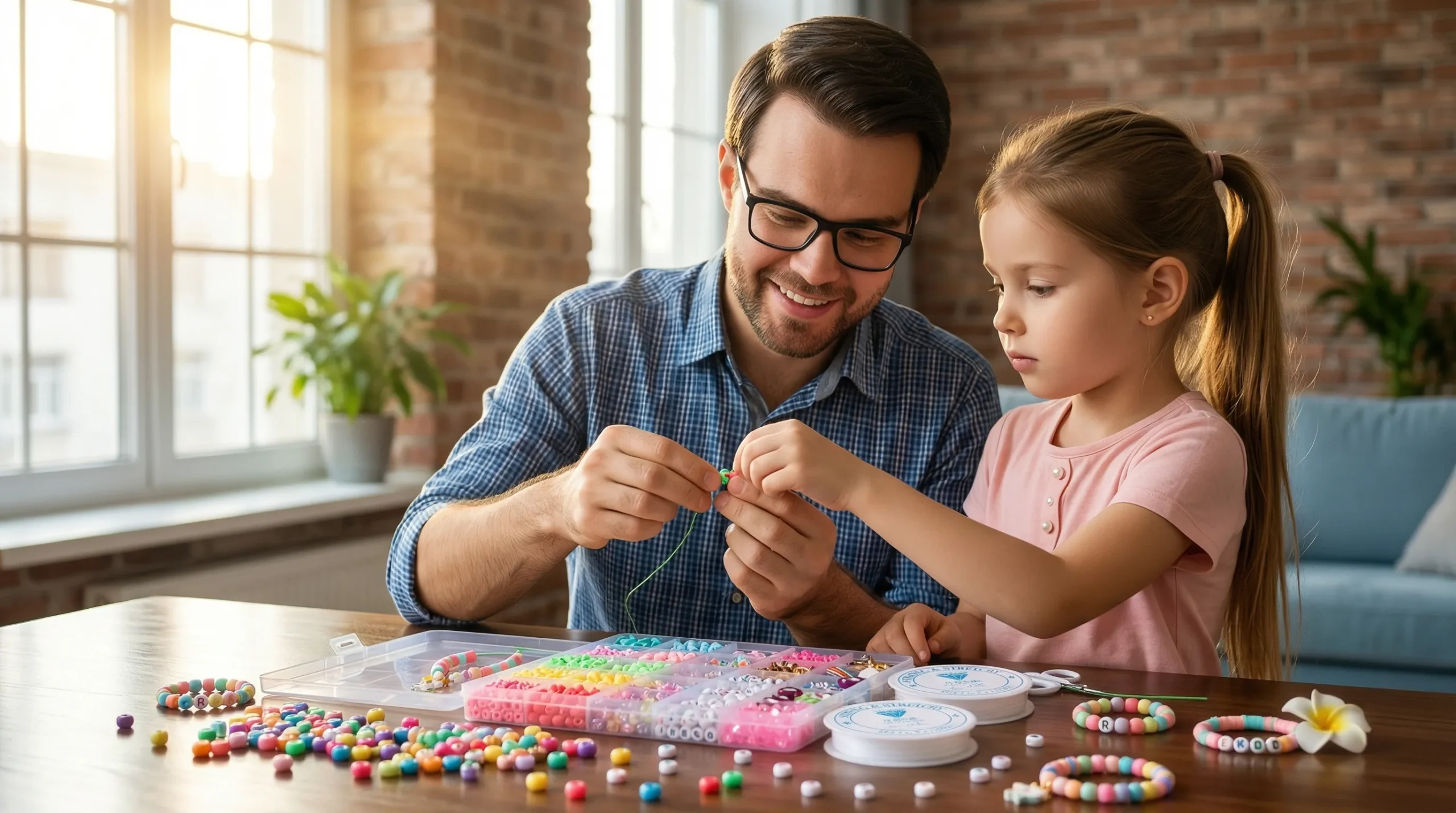 Two friends sitting at a table designing and stringing beaded friendship bracelets together