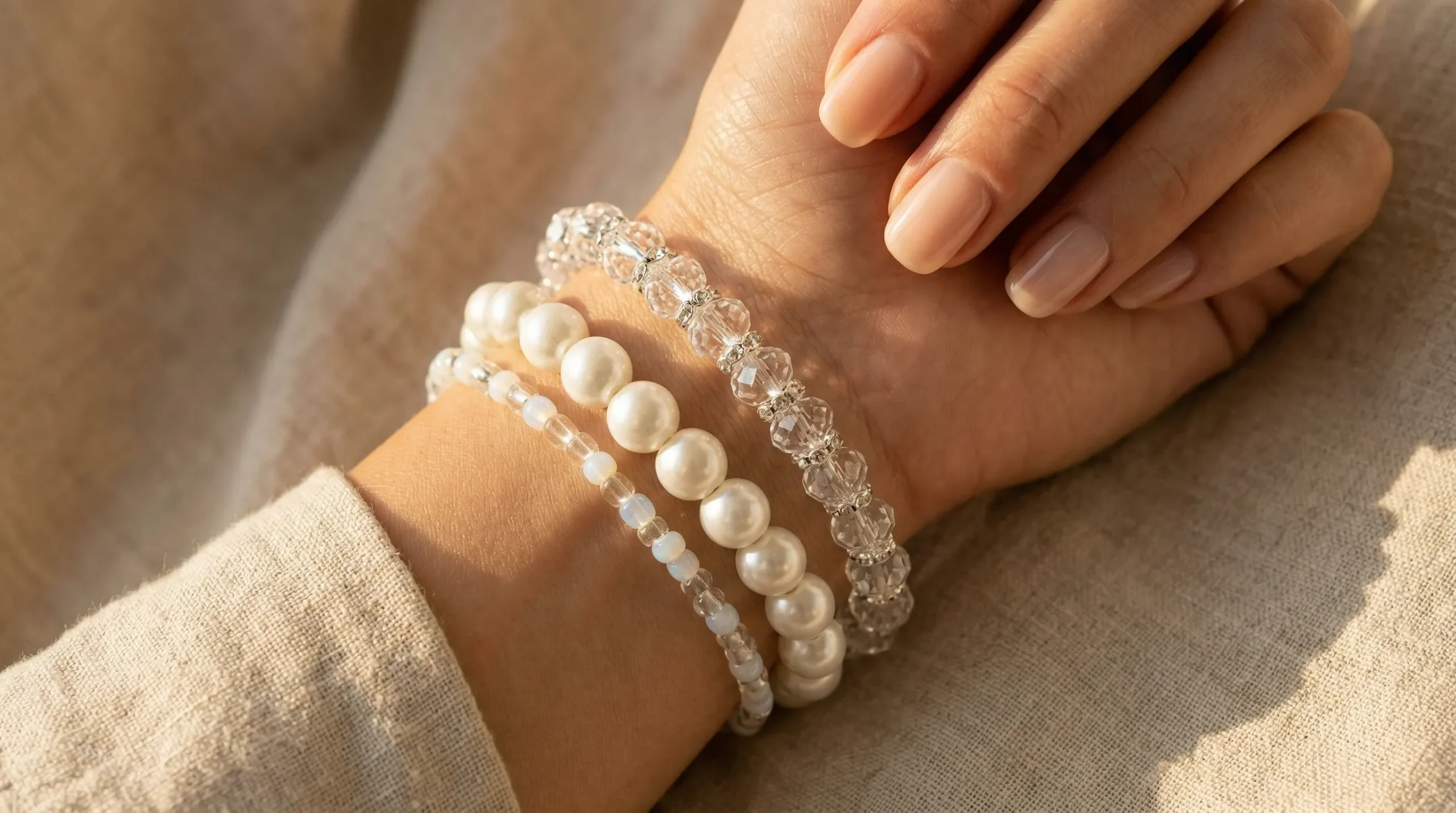 A stack of three bracelets in varying shades of cream and white