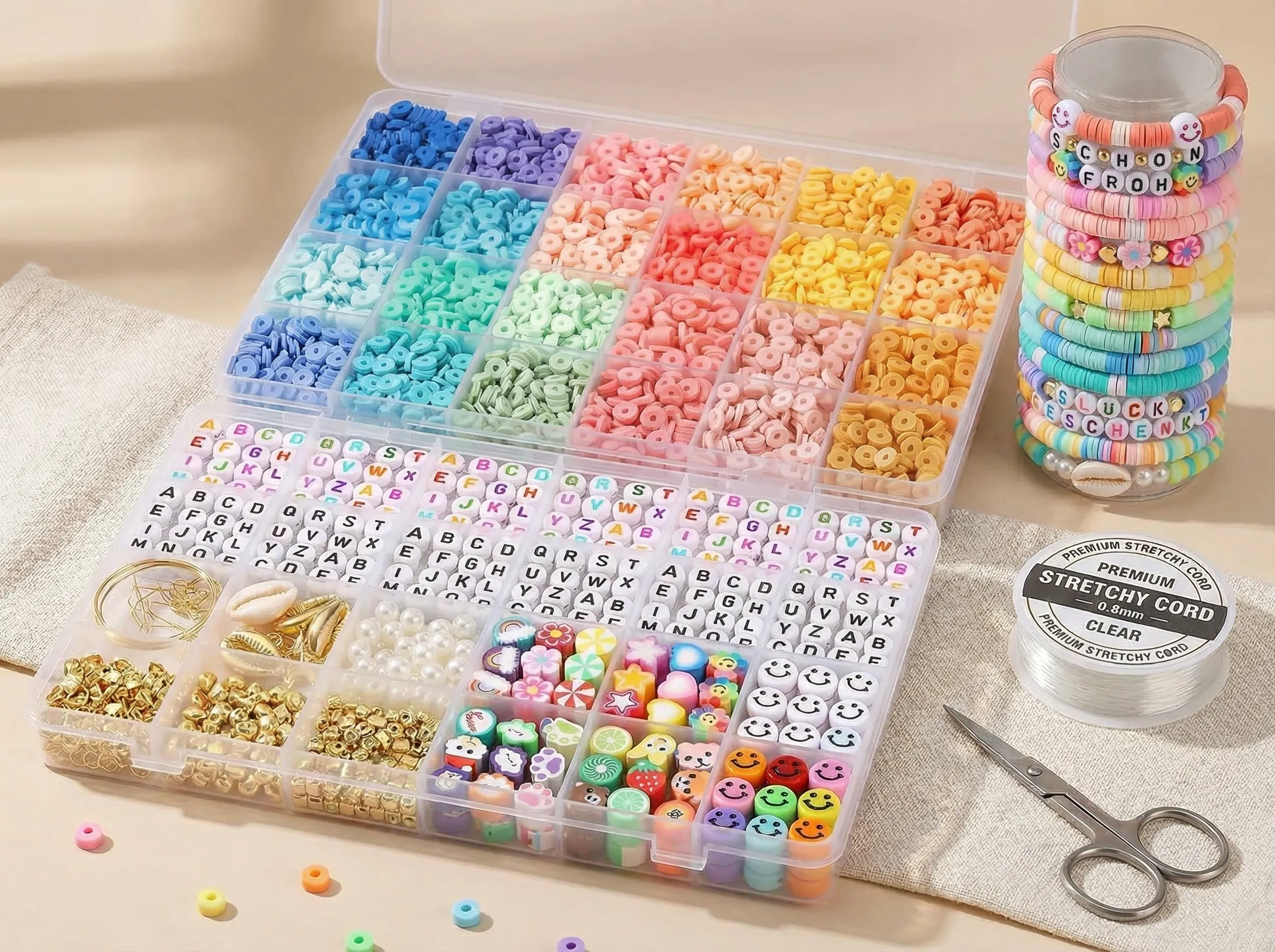 A Beadlo friendship bracelet kit open on a table, displaying colorful beads and strong elastic cord