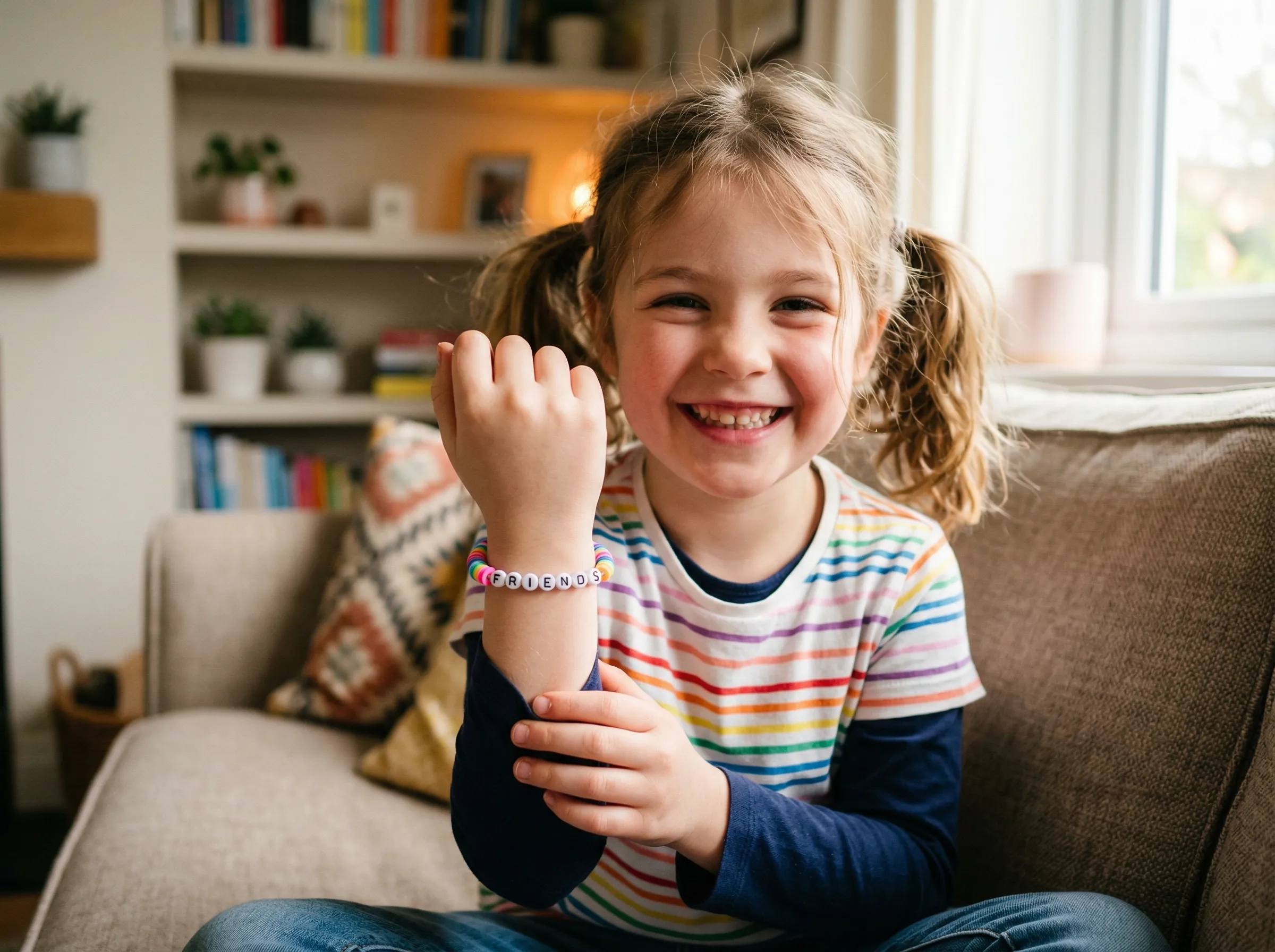 A joyful 7-year-old girl proudly holding up her wrist to show off a freshly made, colorful beaded friendship bracelet.