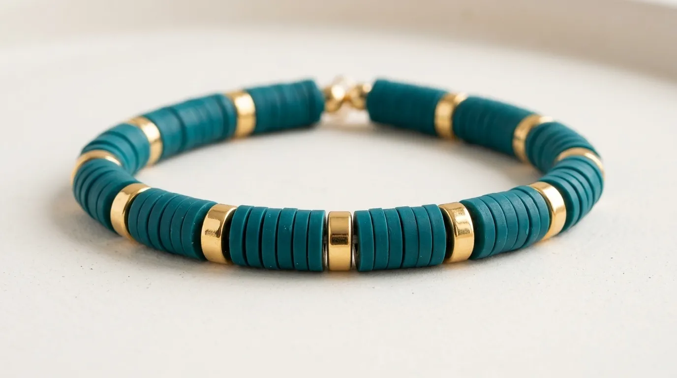 Clay bead bracelet with a repeating pattern of 5 blue beads and 1 gold bead