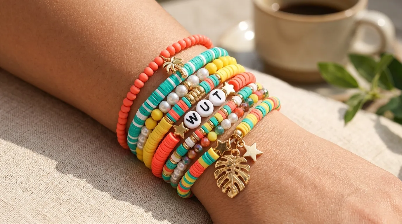A wrist wearing multiple colorful bracelets spelling out funny words