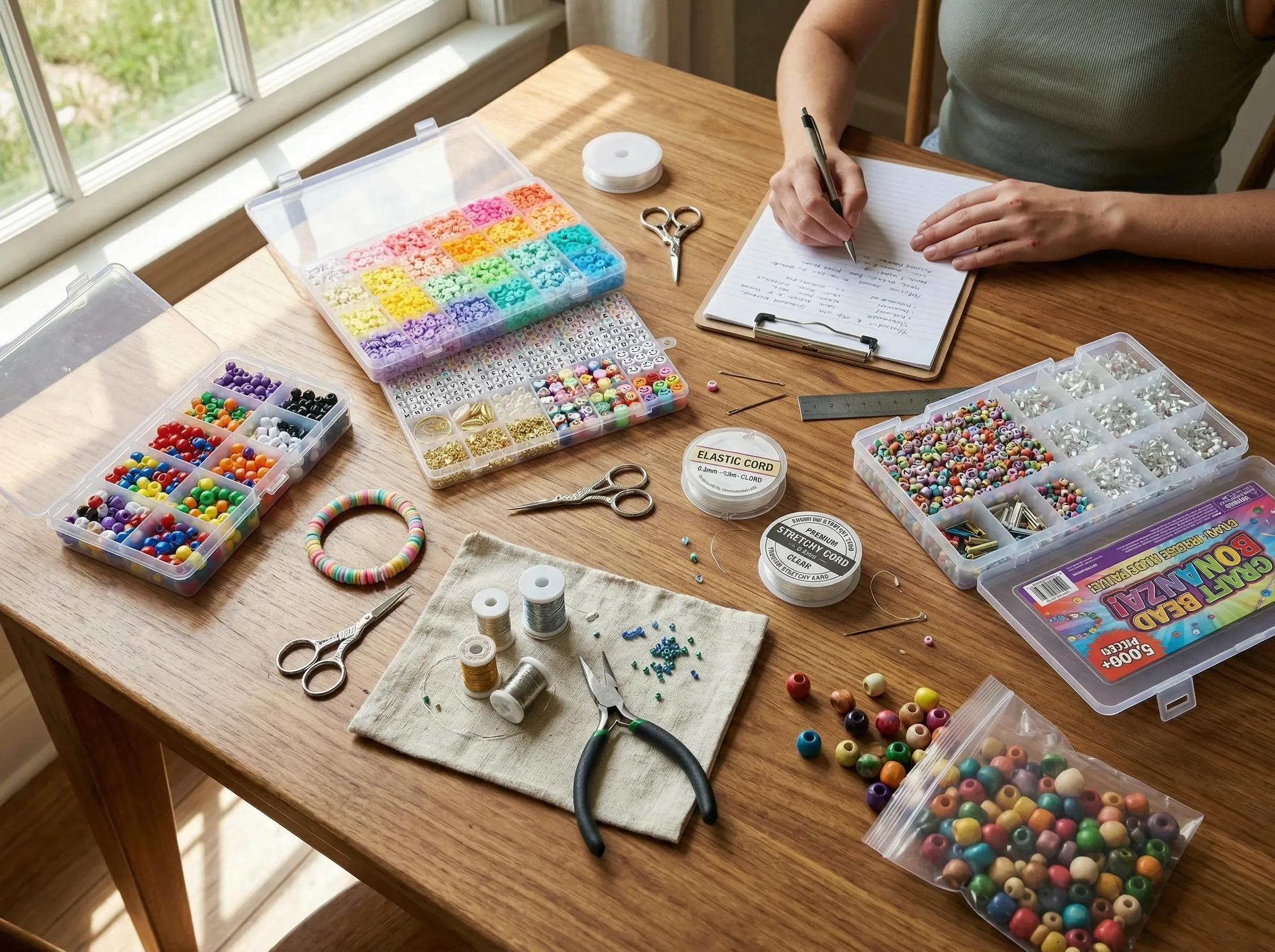 A flatlay overhead shot of a warm wooden dining table covered with five different open bracelet making kits being evaluated.