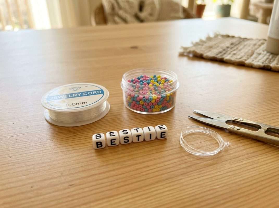 how to make words on friendship bracelets — letter beads spelling BESTIE on elastic cord