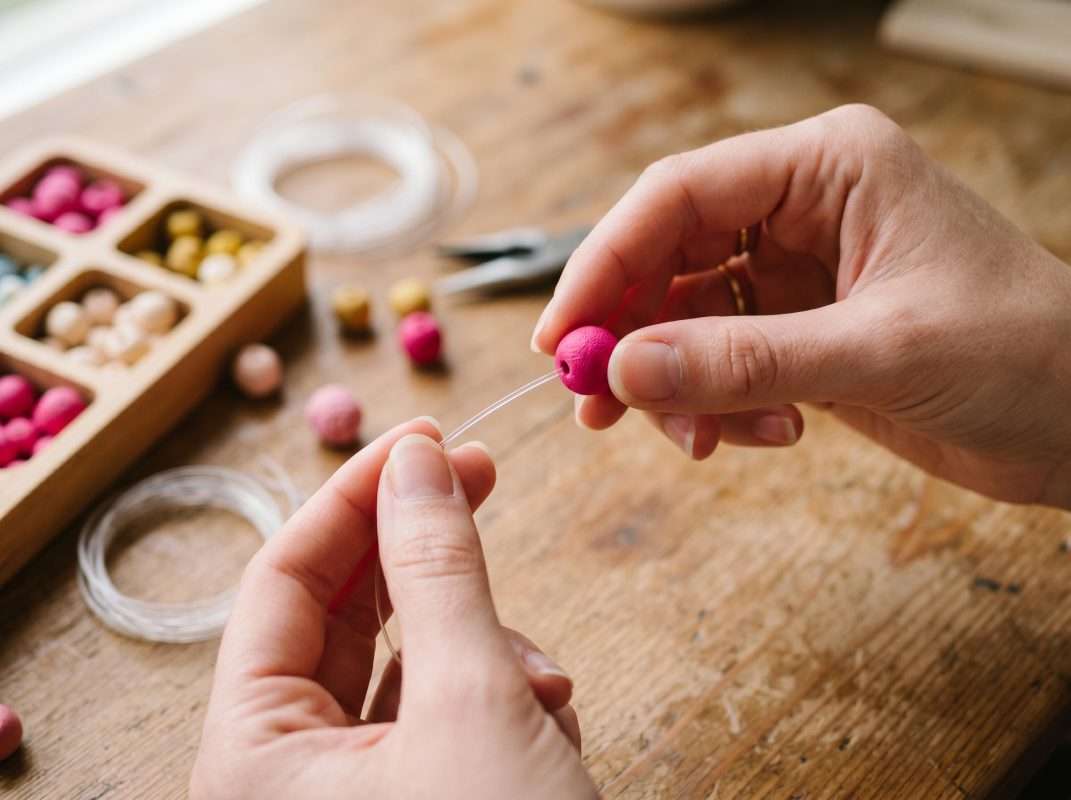 Step-by-step close-up showing how to string colorful clay beads onto elastic cord for beginner bracelet making.