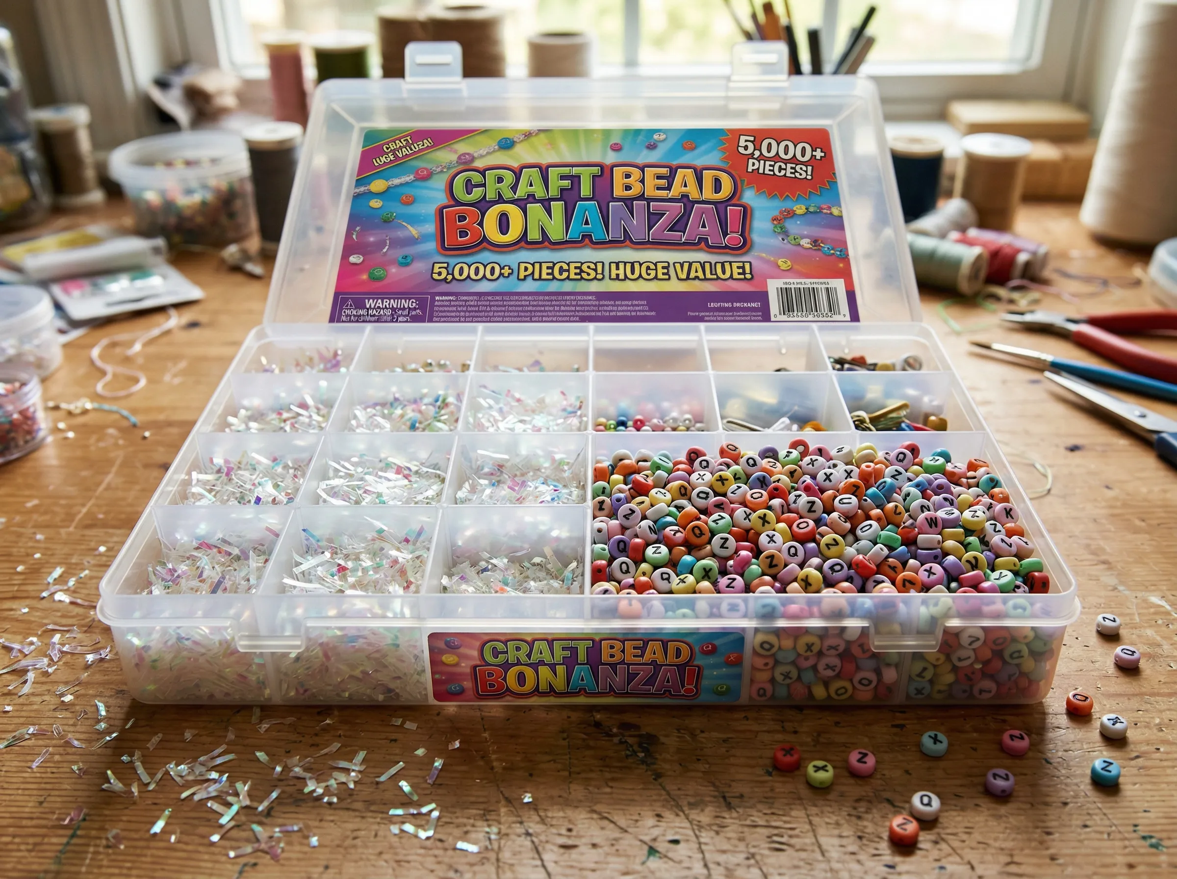 An oversized plastic organizer box that is half-filled with repeating filler bead colors and lacks vowel letter beads.
