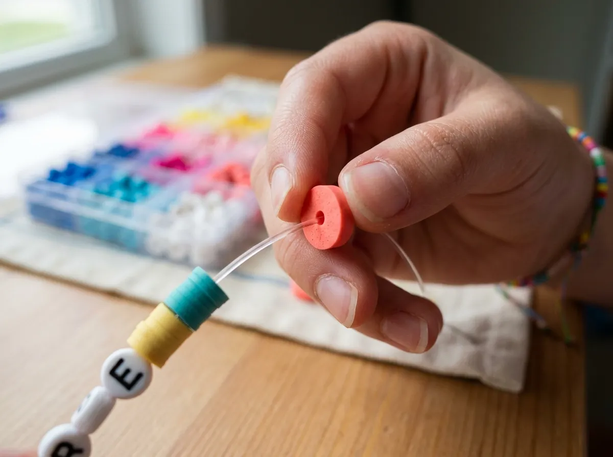 Threading colorful acrylic beads onto an elastic cord