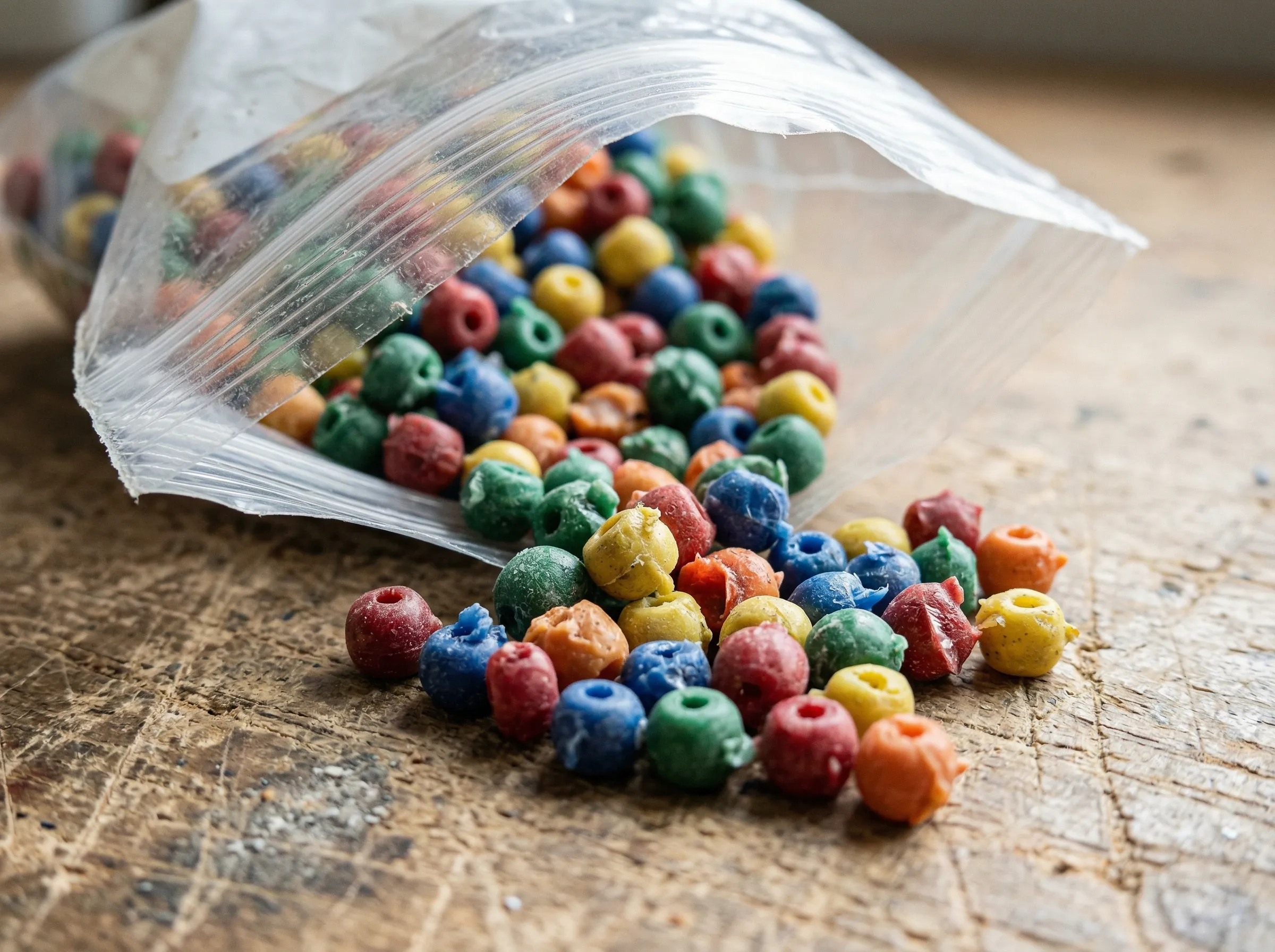 Loose, low-quality plastic beads with sharp unfinished edges spilling out of a plain plastic bag, lacking safety certifications.